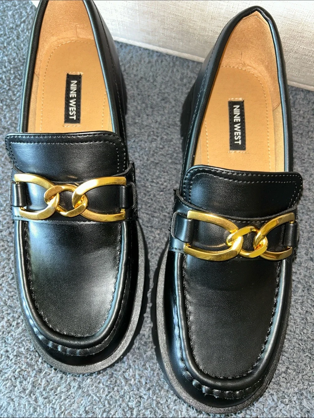 Nine West Black Loafers with Gold Chain Accent